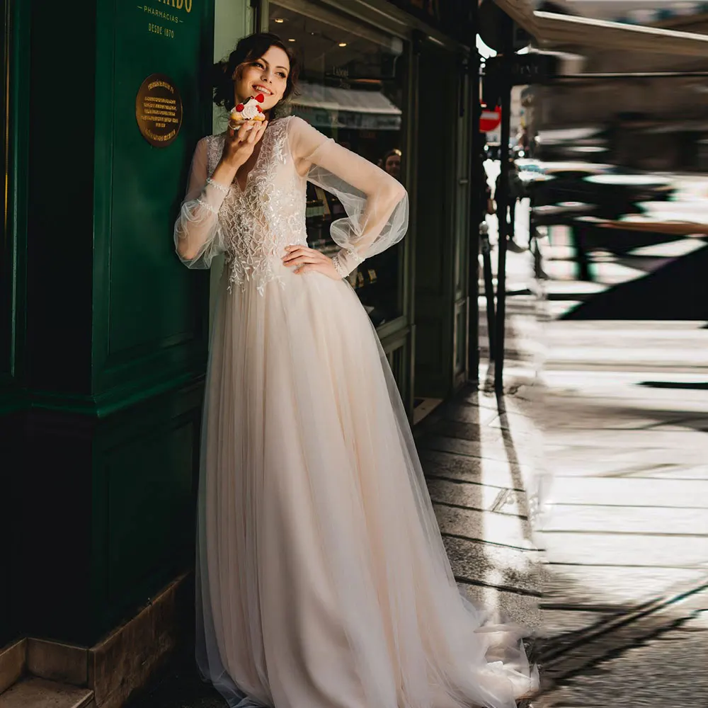 Princesa vestidos de casamento floral tule com decote em v manga longa vestidos de noiva miçangas rendas com pérola vintage robe de mariee feito sob encomenda