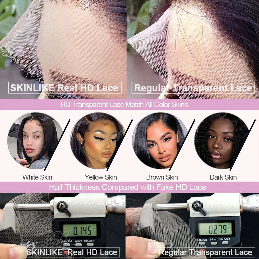 SKINLIKE-HD Lace frontal derreter peles, em linha reta, invisível, onda profunda, Kinky encaracolado, onda de água cabelo humano, apenas