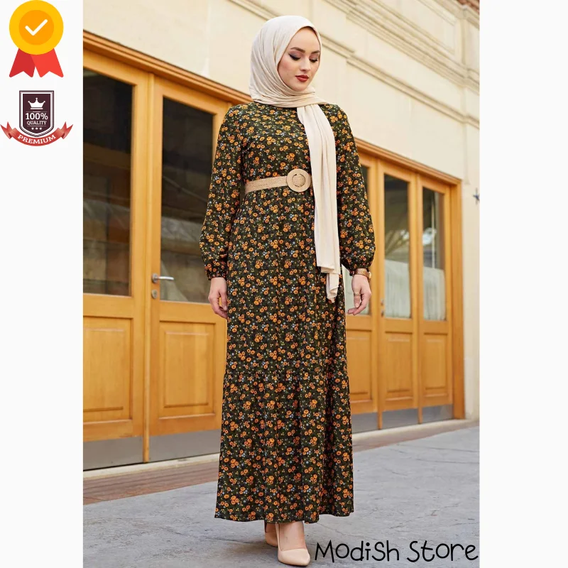 

|2021 New Season| Belt Pattern Dress For Women Turkey Dubai Abaya Long Dress Kaftan Ramadan Muslim Fashion European Clothing