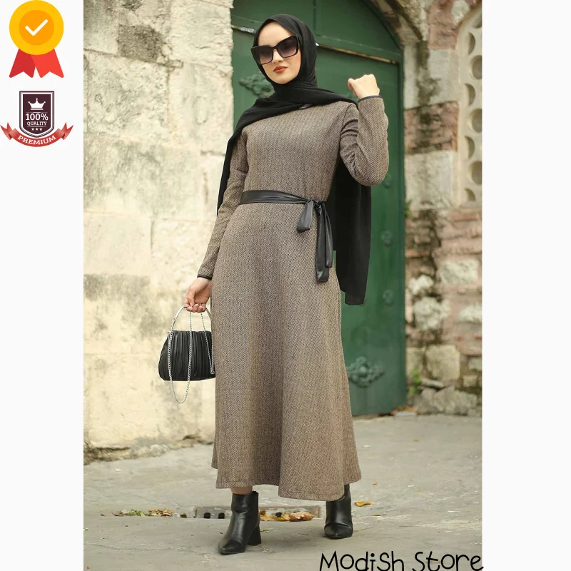 |New Season| Leather Belted Sport Dress For Women Turkish Veiled Clothes European Clothing Modest Dress Kaftan Muslim Fashion