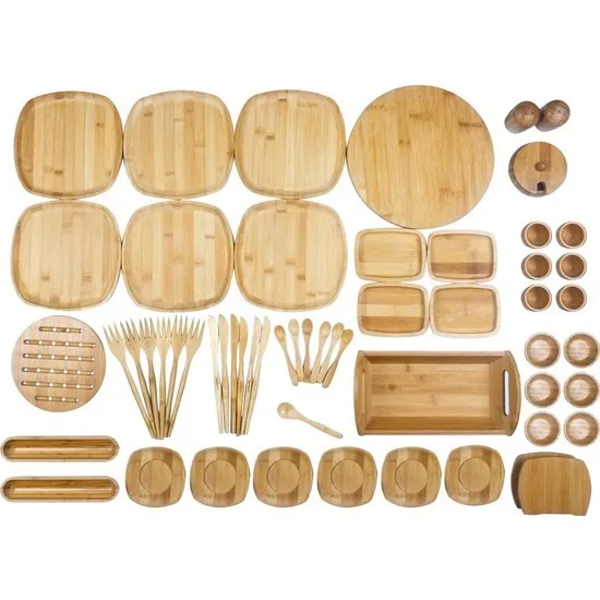 57 pieces 6 person full high quality bamboo made  wooden dinner breakfast fabulous wares set