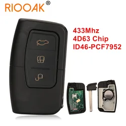 3 Buttons 4D63 433MHZ ID46 Chip PCF7952 Chip Remote Smart Car Key For Ford C-Max Focus MK2 Kuga Mondeo Galaxy with HU101 Blade