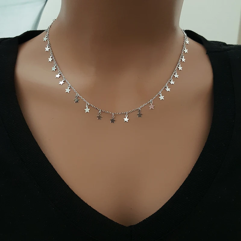 925 Silver Minimalist Star Drop Necklace Choker Dainty Necklace