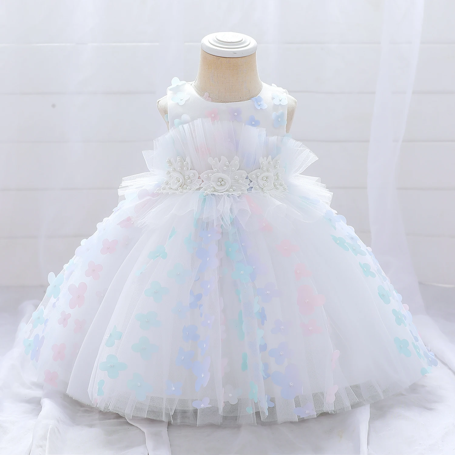 Newborn Christening Bow White Wedding Princess Dresses Children Toddler Baptism Baby Girl Clothes 1 Years Birthday Lace Dresses