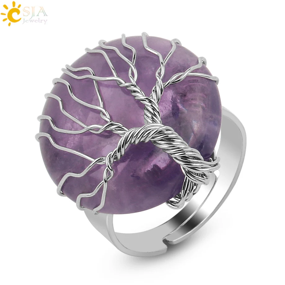 CSJA Natural Stone Round Cabochon Ring Silver Color Reiki Tree of Life Wire Wrap Finger Rings Size Adjustable for Women Men G241