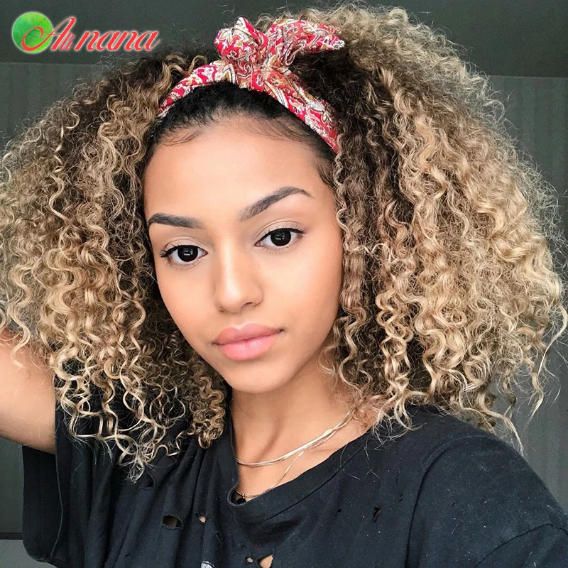 Headband Wig #1B/27 Spiral Curly Beginner Friendly Glueless Scarf Remy Human Hair Wigs For Women Peruvian Blonde Kinky Curly