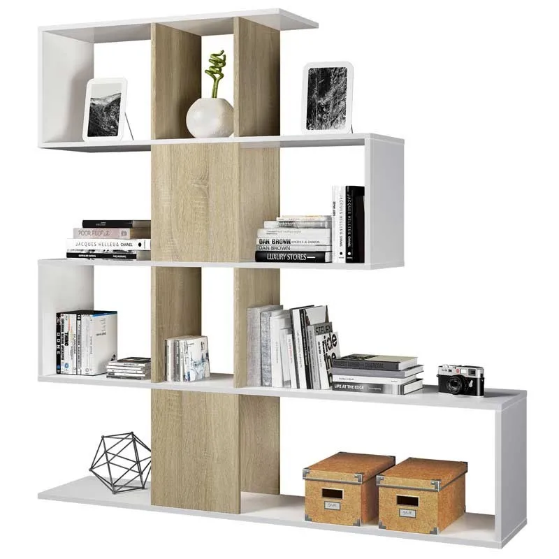 Zigzag bookstore shelf, living room shelf, white Artik and Canadian Oak office shelves. Measures: 145x145x28cm