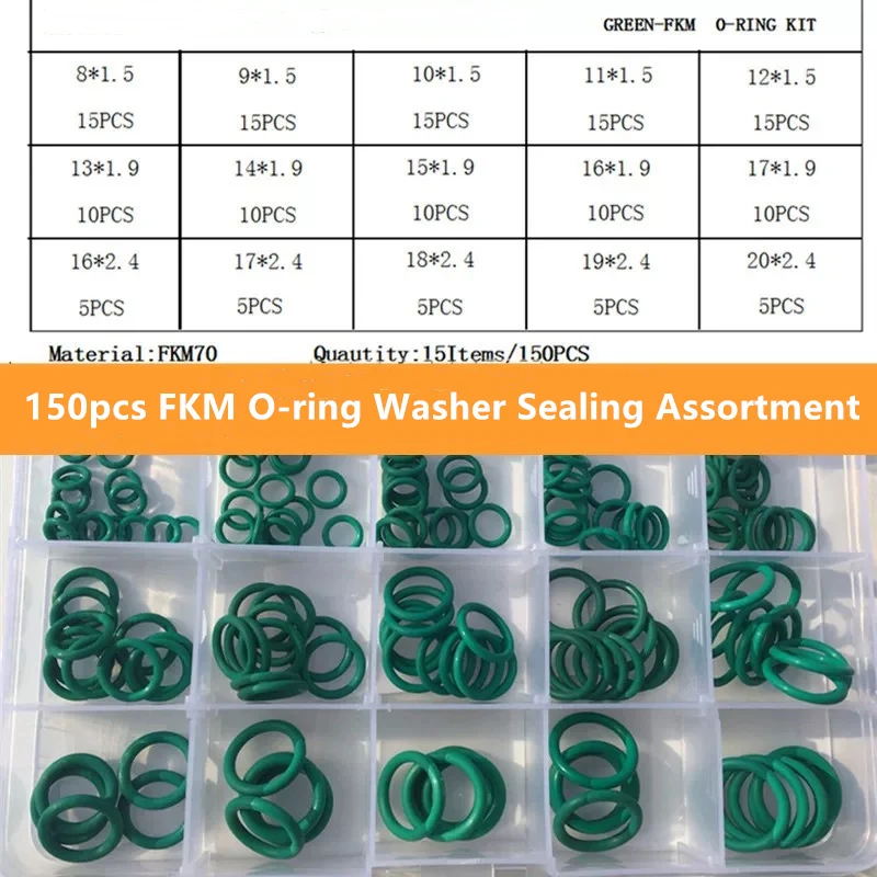 

150 шт./компл. уплотнительные кольца, резиновое зеленое уплотнительное кольцо, FKM герметичная нитриловая шайба, герметичный набор, набор в пластиковой коробке