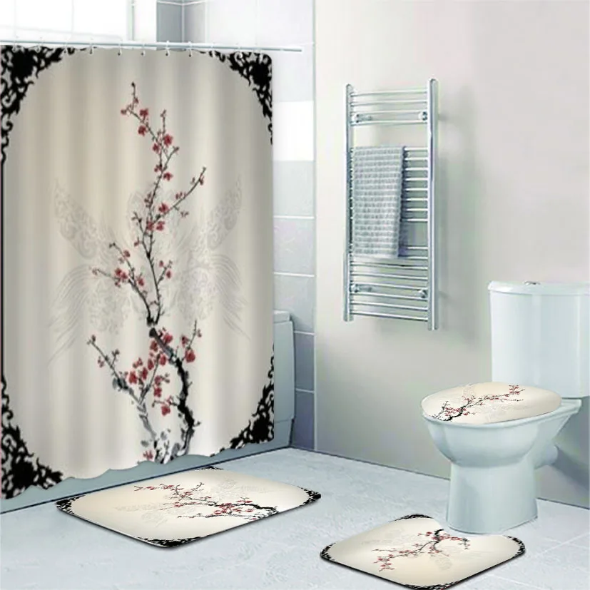 

Classic Framed Chinese Painting of Cherry Blossom Ink Drawing Shower Curtains Oriental Branches Flowers Bathroom Accessories Mat