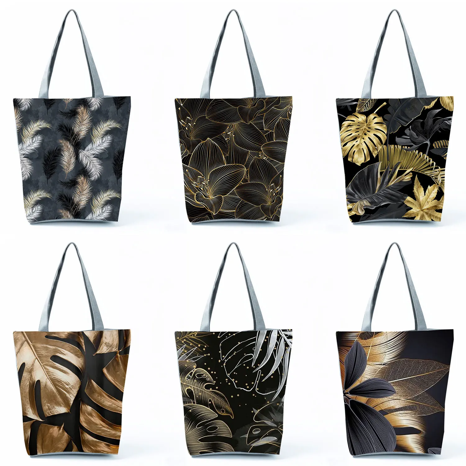 Customized Art Painting Women\'s Handbags Black Golden Plant Leaf Print Casual Tote High Capacity Reusable Shopping Shoulder Bags