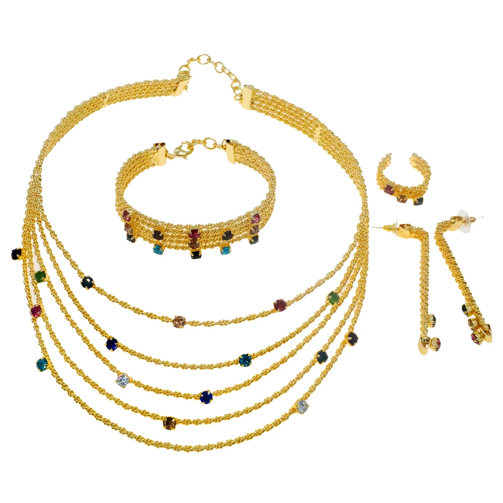 Women\'s Jewelry Set Brazilian Gold Color Necklace Colorful Artificial Stone Bracelet Earrings Hollow Design Gift Banquet Jewelry