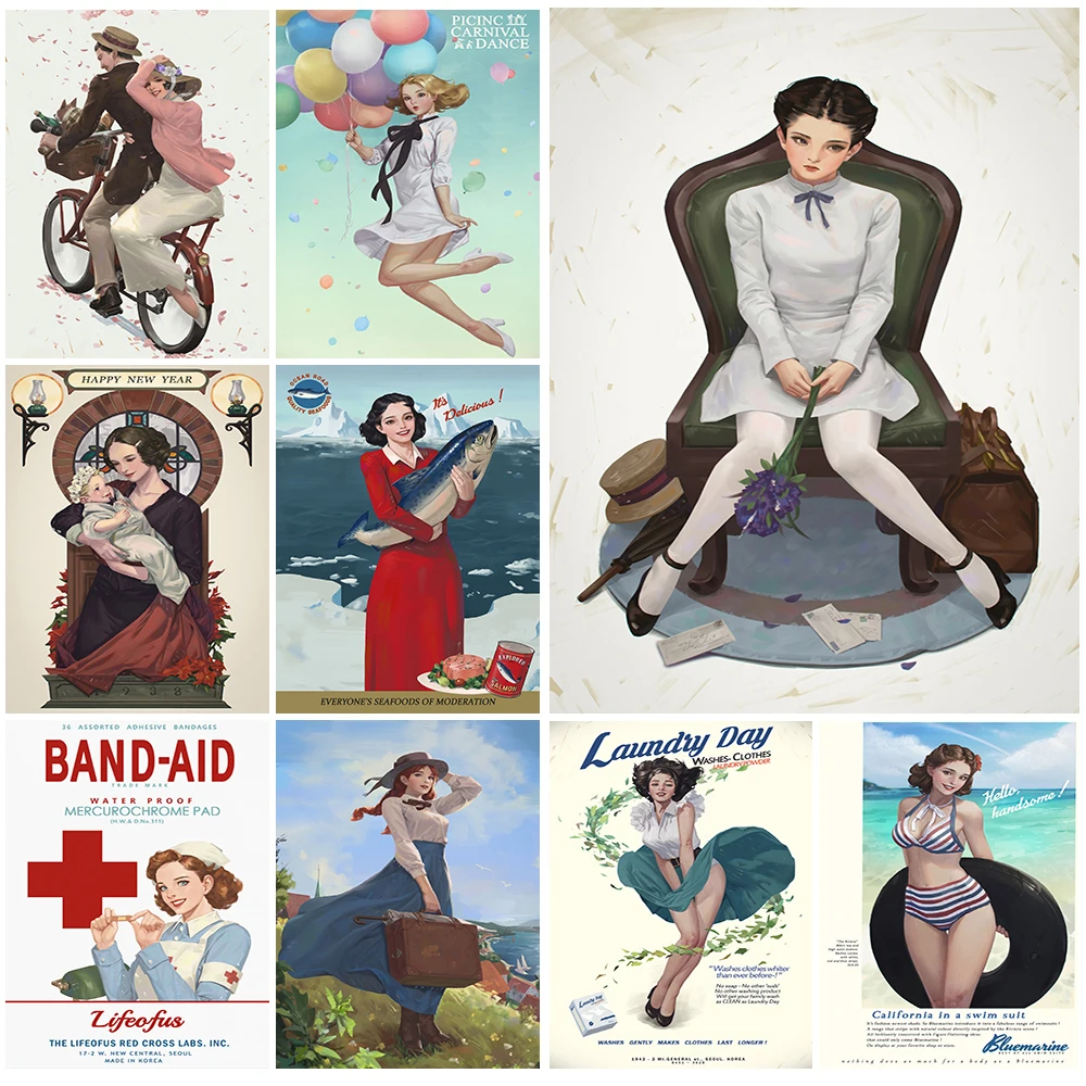 Illustration Girl Explorer Salmon Nordic Poster Wall Art Canvas Painting Laundry Day Wall Pictures For Living Room Unframed