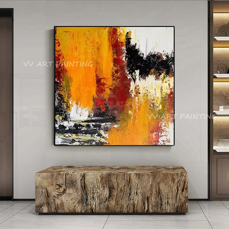 Warm Tone Color Splash Artwork 100% Hand Painted Oil Painting, Thick Texture Modern Abstract Canvas Wall Decor Picture