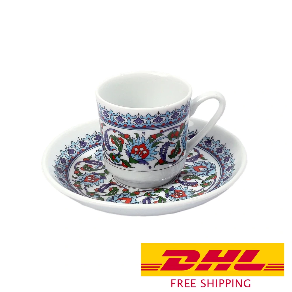 Turkish Coffee Cup and Saucer (6 Sets) 12 Pieces Ceramic Hand Painted Coffee Cup Creative Vintage Cup European Style Cappuccino