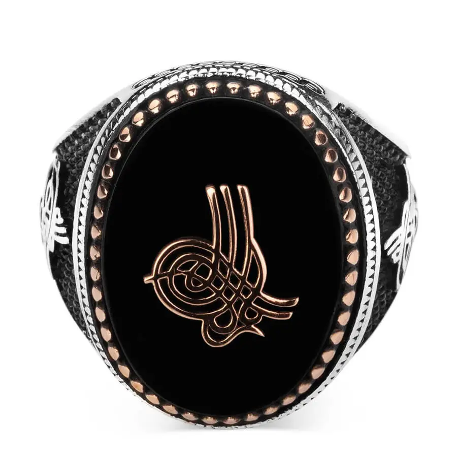 

Silver Ottoman Tughra Mens Ring with Black Onyx Stonework Fashion Turkish Premium Quality Handmade Jawelery