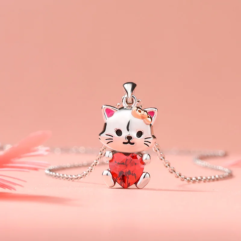 Fashion Income Cute White Cartoon Beloved Cat Animal Necklace Lively Cute Cat Hug Red Love Pendant Pet Cat Girl Gift