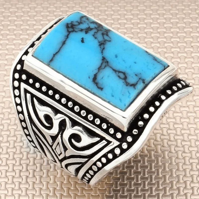 

SILVERFONI Real 925 Sterling Silver Ring For Men Stylish Jewelry Fashion Turquoise Stone Gift Male Accessories All Size 2021