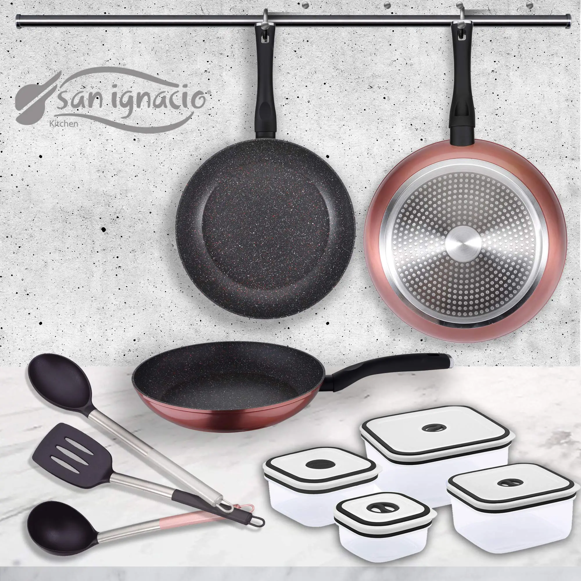 Set of pans (20,24,28cm) in aluminium with fiambreras and SAN IGNACIO collection Venus cookware