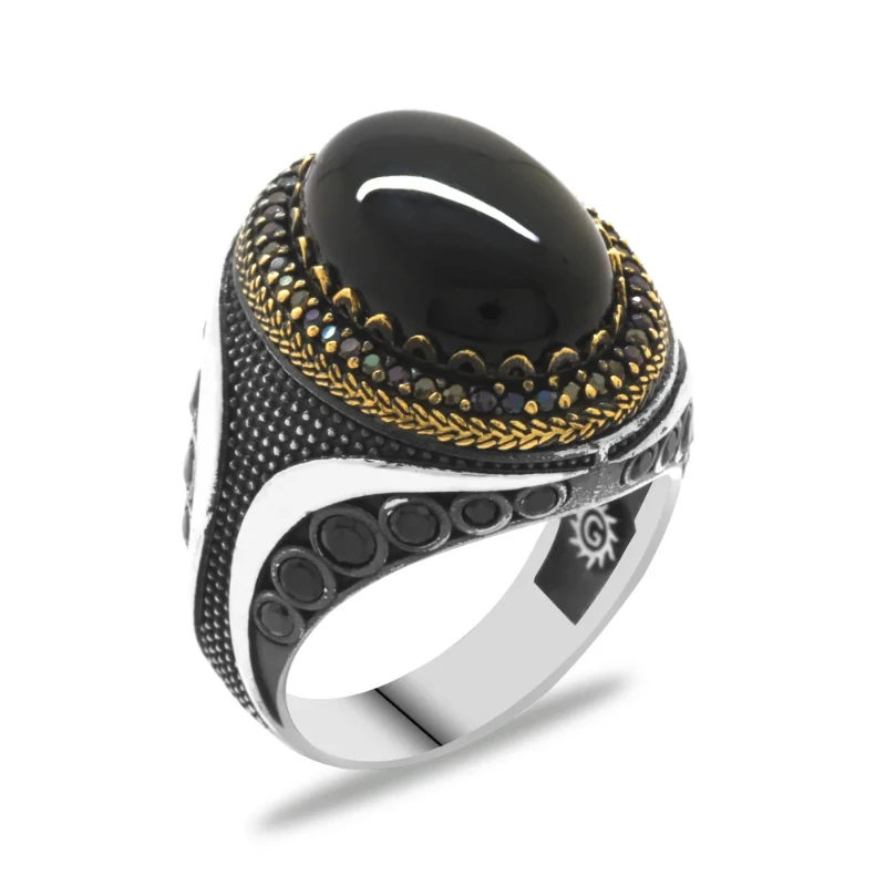 Male Black Onyx Cubic Zirconia Micro Zircon Stone Mıhlamalı Oval Design 925 Sterling Silver Ring 2022 Gift Items Free Shipping