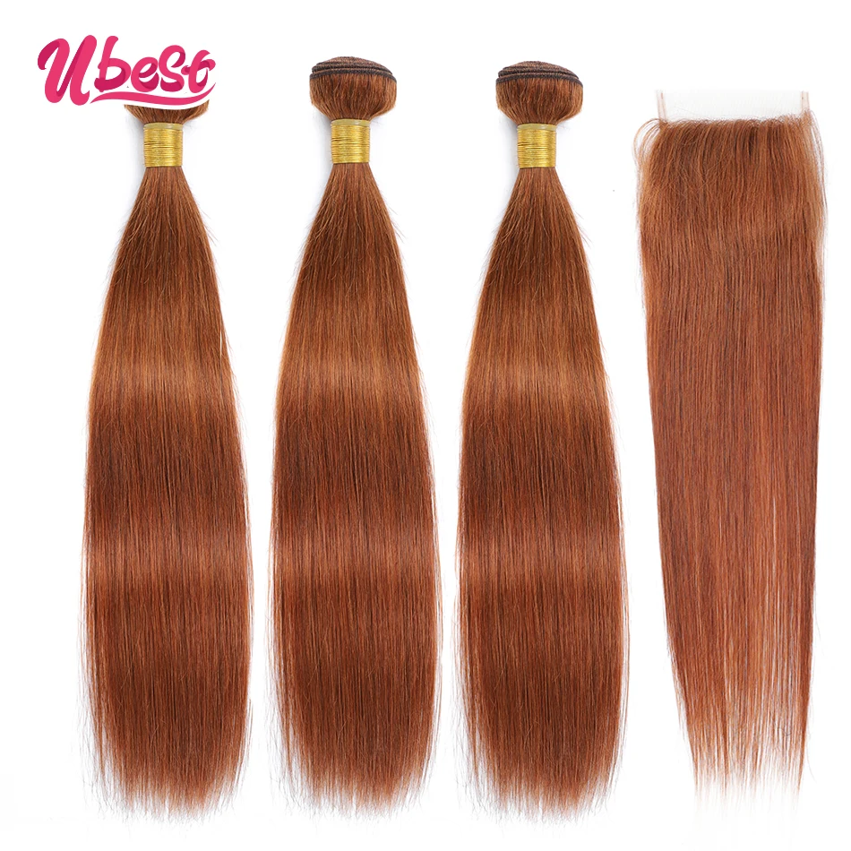 Ubest gengibre brown em linha reta com 4x4 fechamento do laço pacote de cabelo humano com fechamento pacotes de cabelo reto brasileiro com fechamento