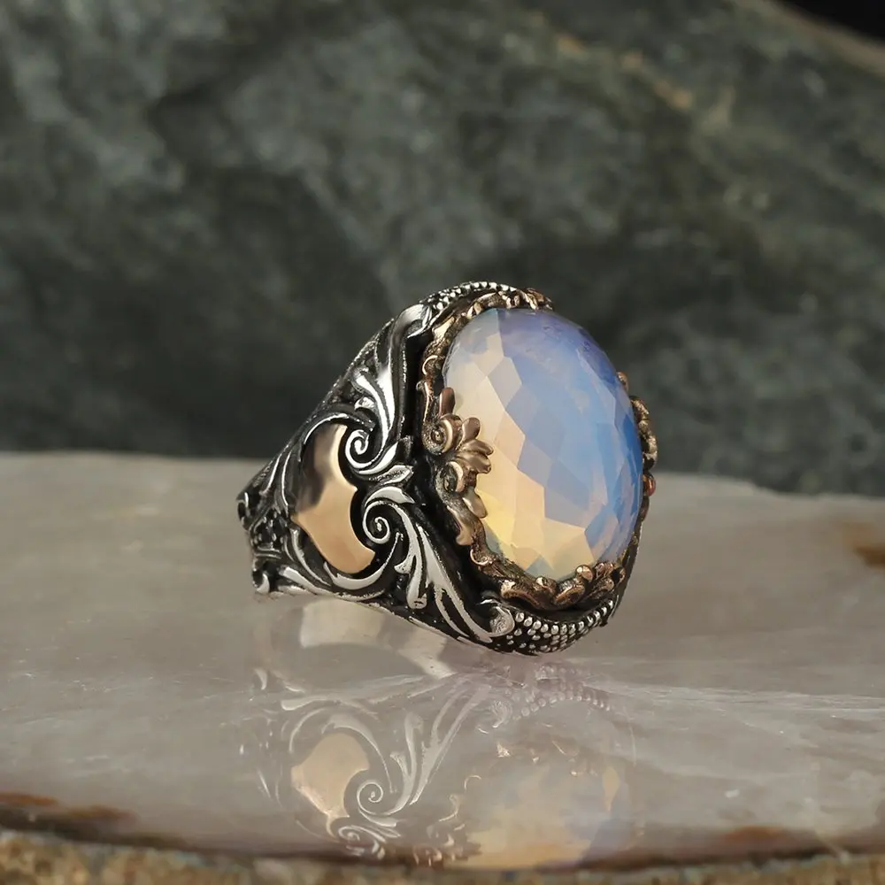 Free Shipping Moonstone Gemstone 925 Sterling Mens Silver Ring, Real Natural Stone Vintage Men For Gift Jewelry, made in Turkey Turkish Style