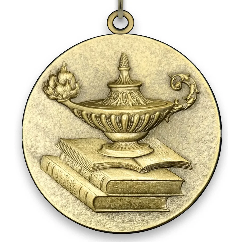 Large Metal  - Lamp of Knowledge Medal - Gold - 6,4 cm - with Neck Ribbon size 2,2cm x 80 cm, Choice of Ribbon Colours.