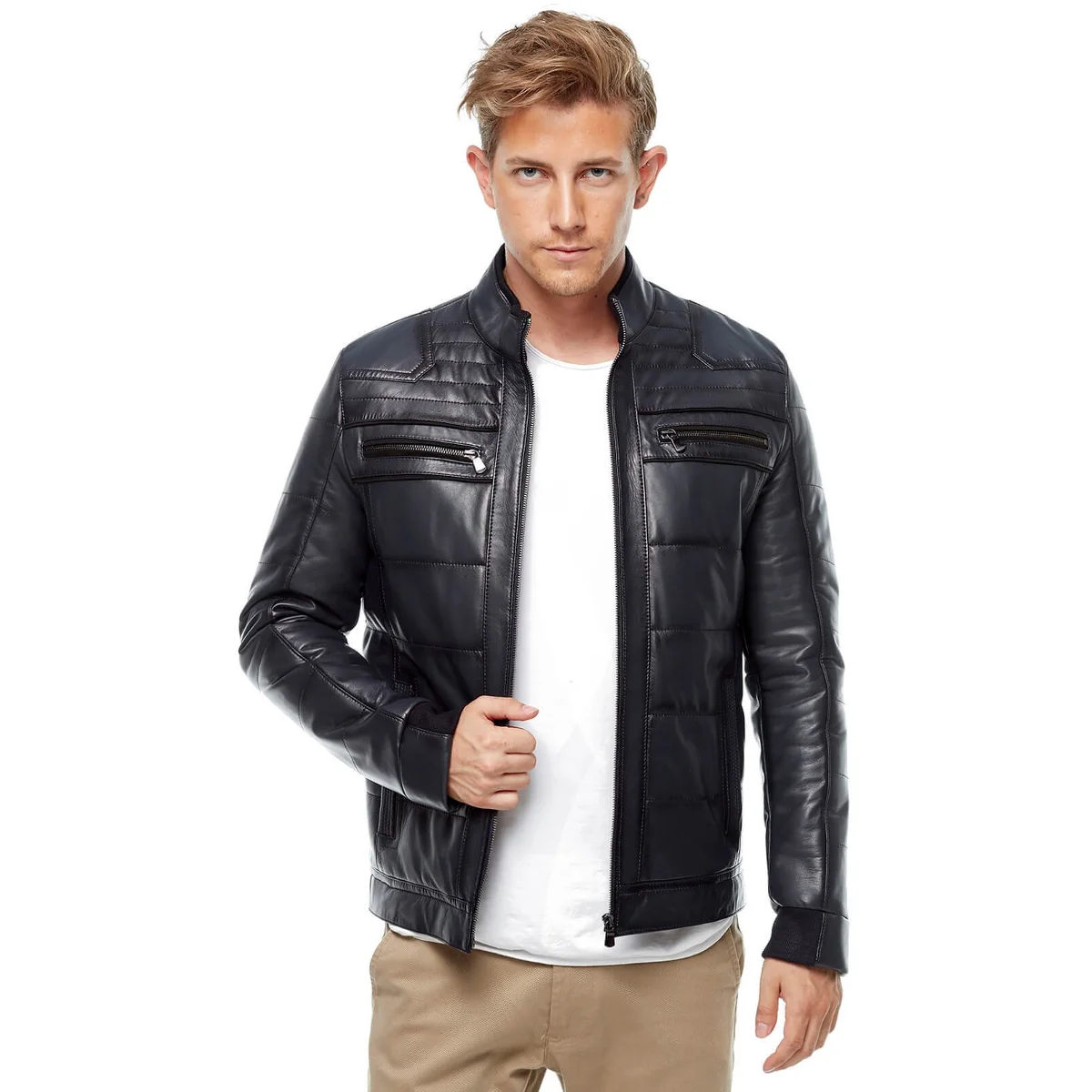 Andino giacca in pelle con pittura blu Navy originale pelle di agnello autunno inverno 2022 Biker Slim Large Size muslimah