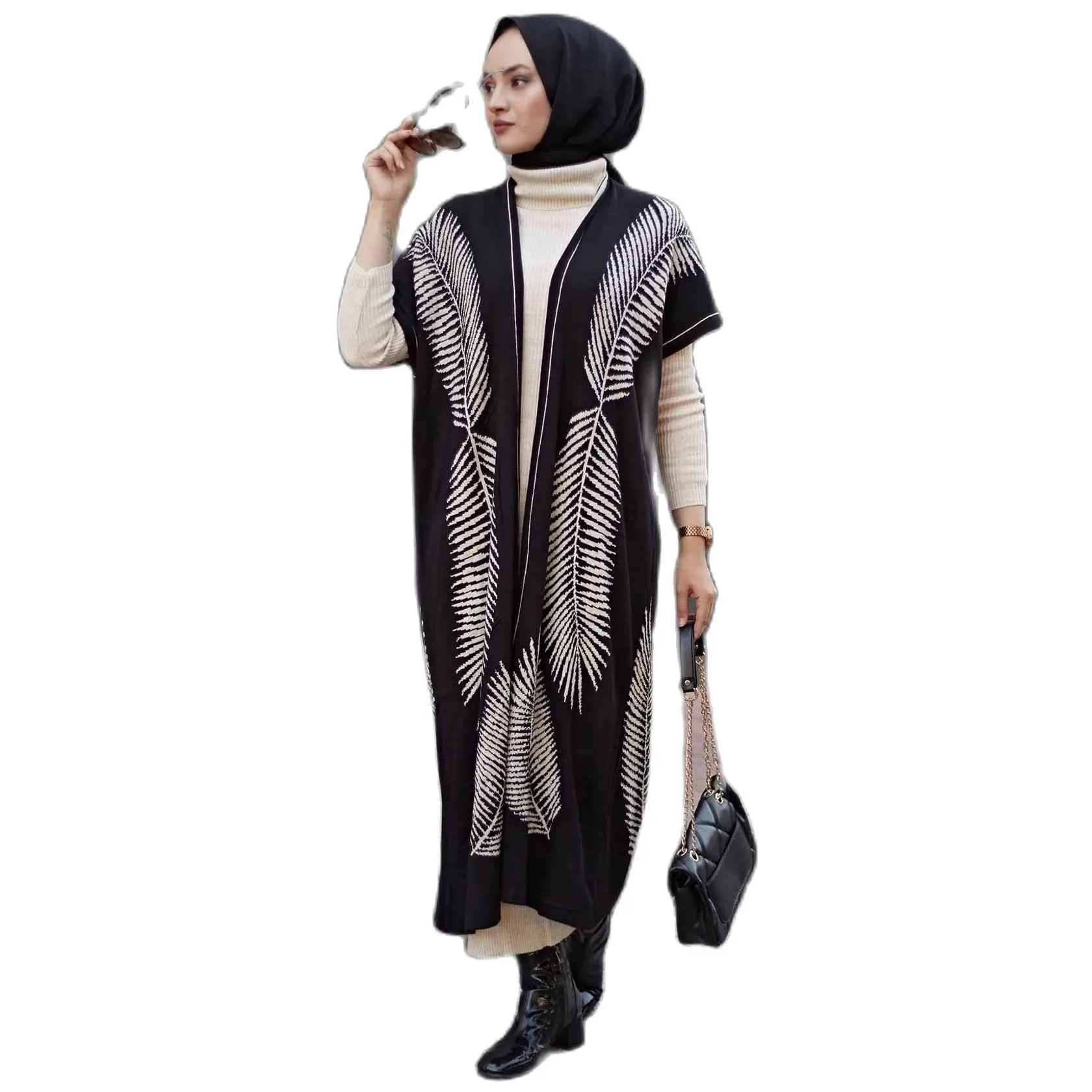 2 Piece Women\'s Knitted Set Maxi Turtleneck Embroidery Pattern Dress and Leaf Pattern Bat Wing Sleeved Cardigan Muslim Fashion