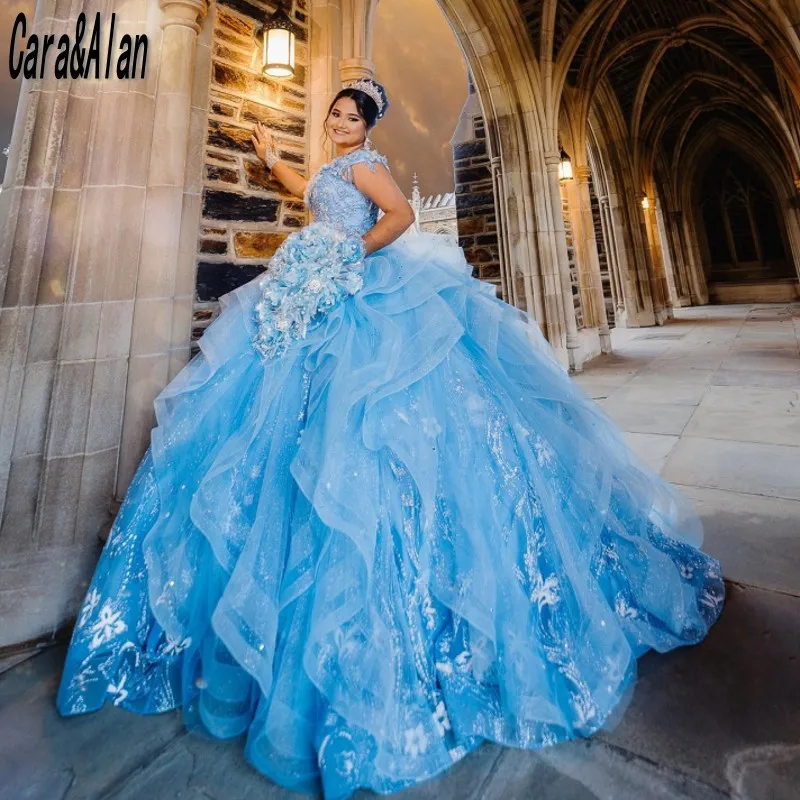 Cara & Alan Light Blue V คอ Quinceanera เดรสลูกไม้ Applique Ruffles หวาน15ประกวดชุด Vestidos De XV ปี