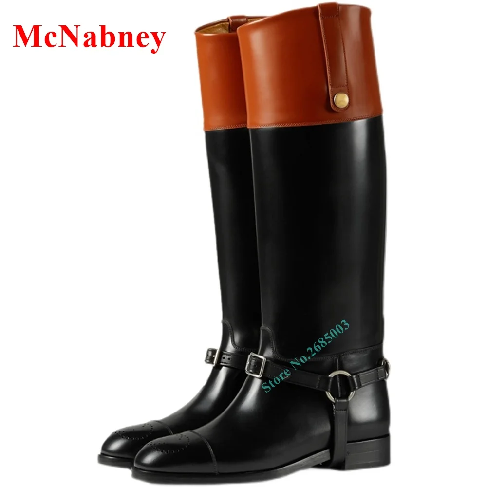 Mixed Colors Pointy Toe Boots Knee High Leather Buckles Patchwork Slip On Boot Women Shoe Autume Winter Party Dress Fashion Boot