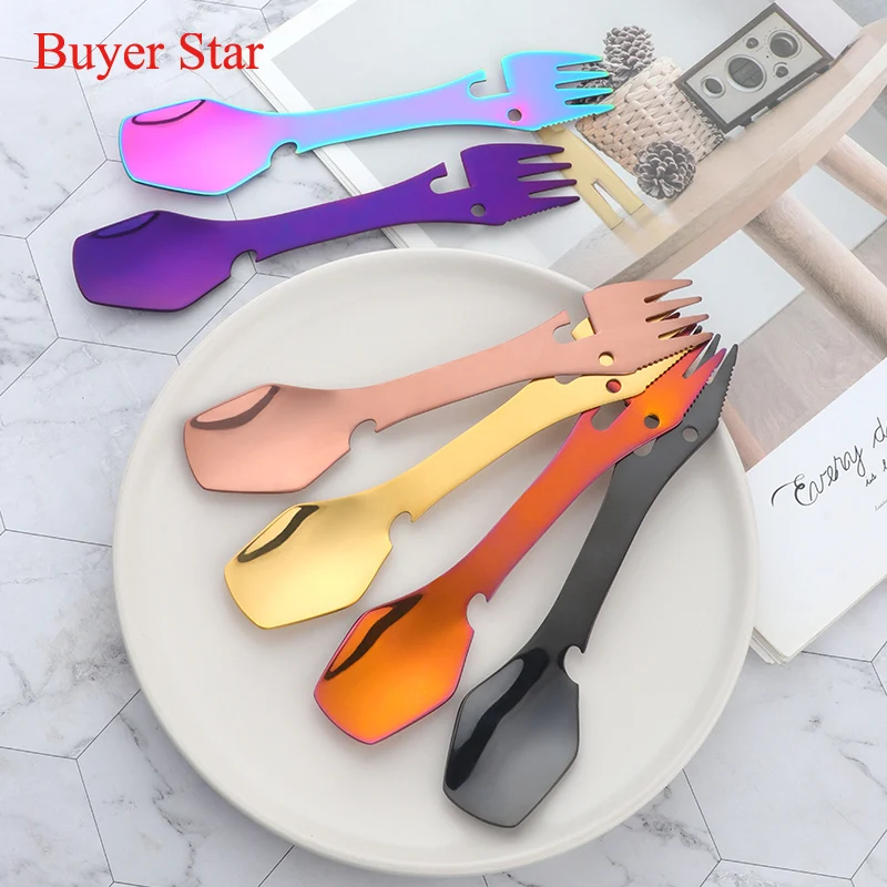 

4in1 Outdoor Tablewares stainless steel Fork Spoon Cutter Picnic Camping Dinnerware food serving tool Metal bottle opener set