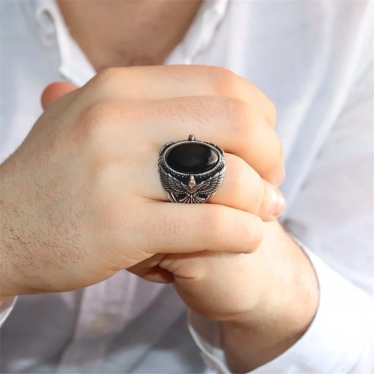 Silver Oval Black Onyx Gemstone Ring, Turkish Men Jewelry, Eagle Motif Ring 925 Sterling Silver Collocation Fashion JeweleryGift