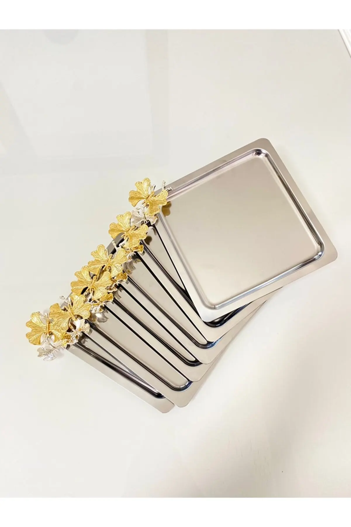 Luxury Butterfly Accessory Stainless Steel Square Silver Coffee, Tea, Decorative Serving Tray from Turkey Fast shipping