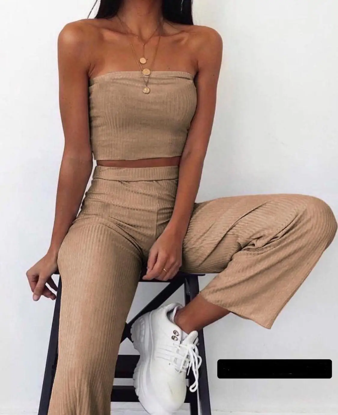 2022 Women New Season Sexy Women's Two Piece Sport Pants Set Strapless Bustier Spring Summer Skin Color Black