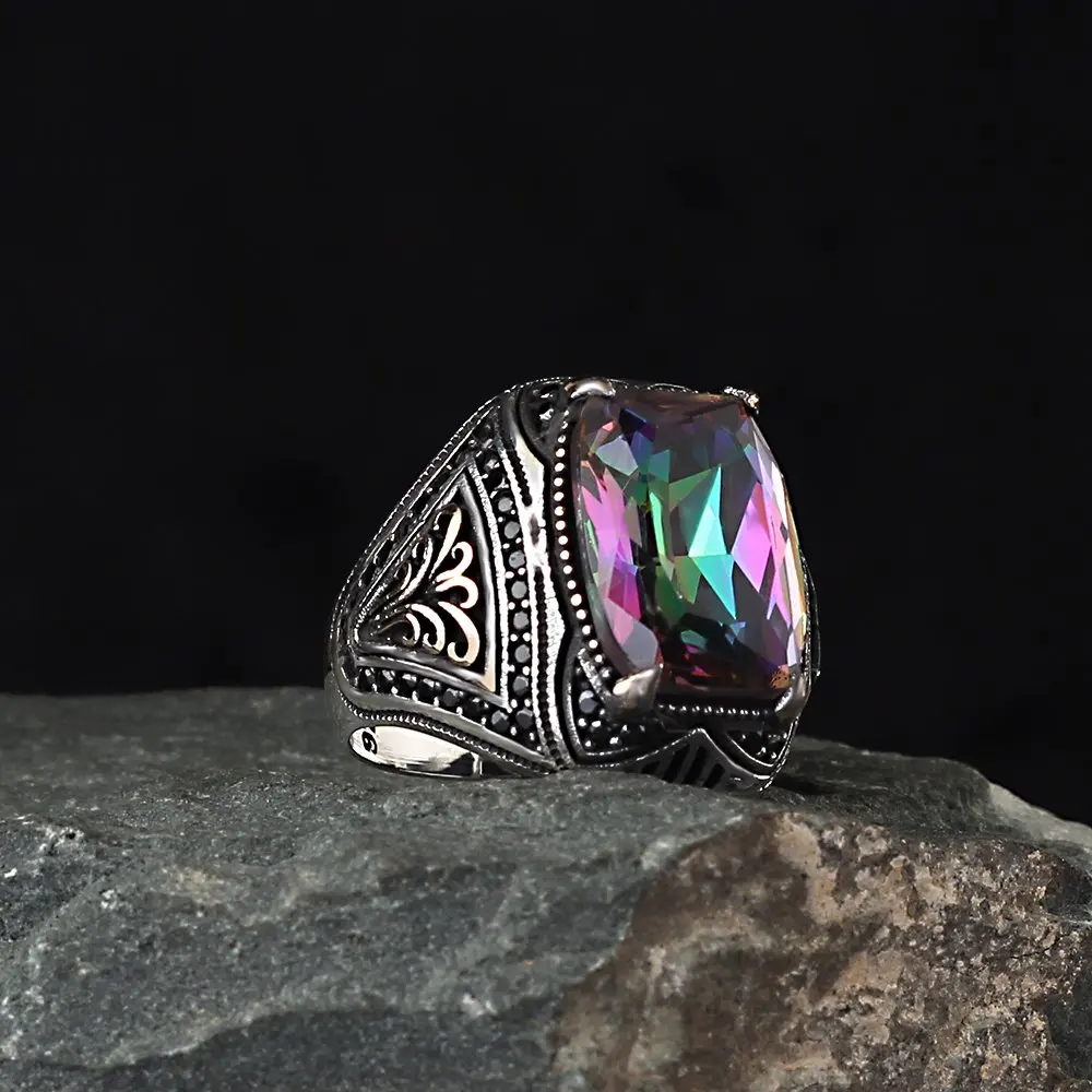 

Free Shipping MEN 'S 925 Sterling Silver Ring, Mystic Topaz Stone Pattern, For Men Gift Jewelry, made in Turkey, Real Natural Stone