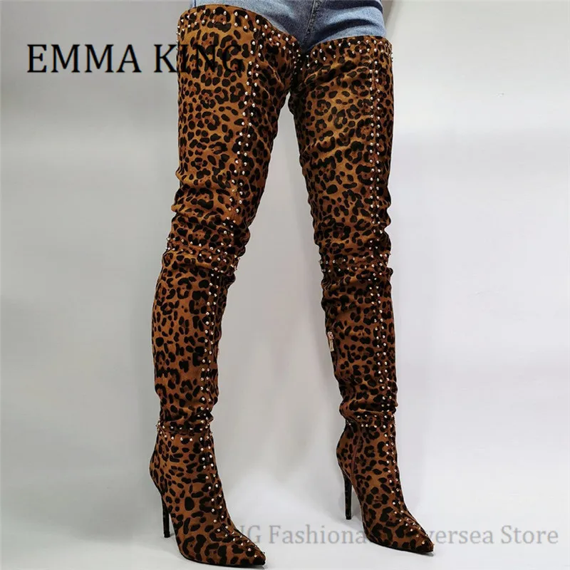 Women Leopard Print Over The Knee Boots Rivets Studs Ladies Boots Pointed Toe Faux Suede Stilettos Ladies Crotch Thigh Boots 46