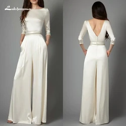 Simple O-Neck White Jumpsuit Wedding Pants Women Full Cap Sleeve Work Trousers Female Lace Office Wide Leg Plus Size Stretch