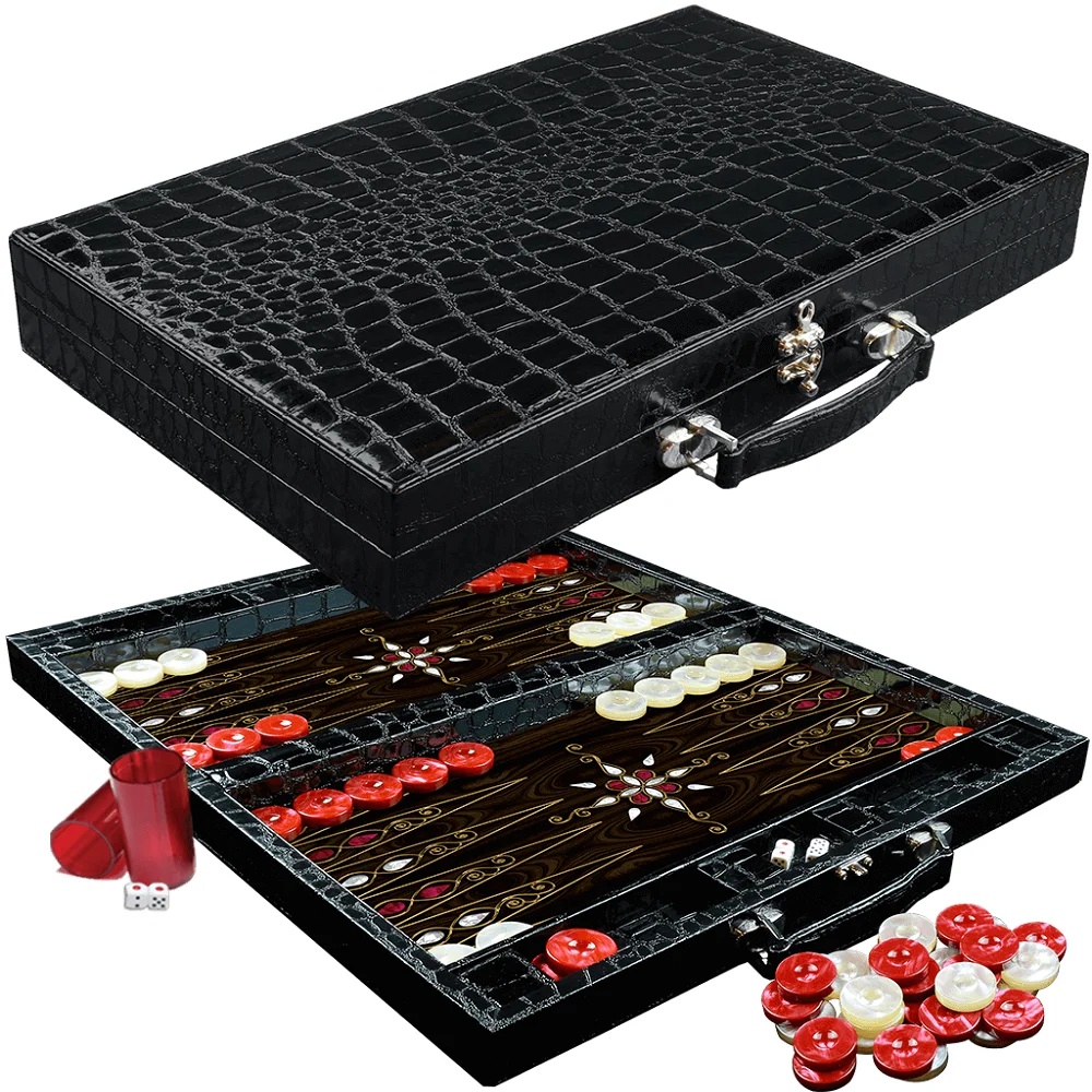 Backgammon Leather Luxury Board Wooden Set XXL BLACK Leather Orient with Handle Checkers Family Party Adult Entertainment Games