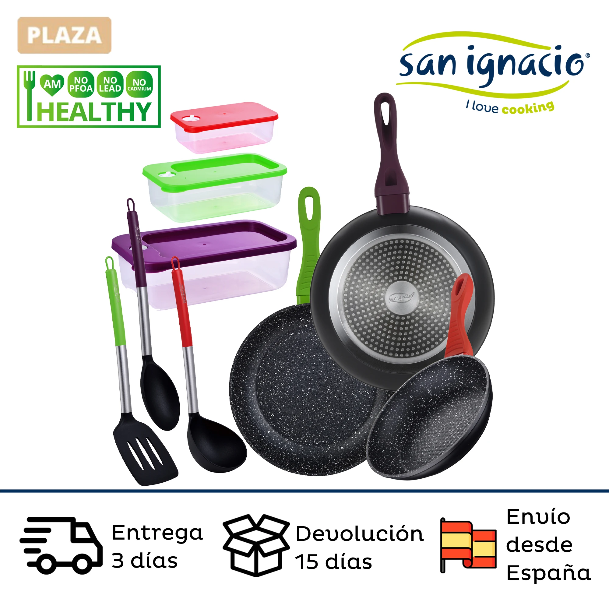 SAN IGNACIO Jolie's set of pans (20/24/28cm) in forged aluminum and non-stick with 3 kitchen utensils and 3 fiambreras