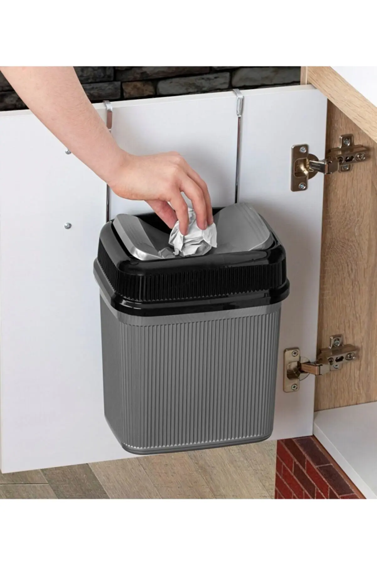 Practical Kitchen Bathroom Waste Bin With Hanger Can Be Hanged Under Counter Practical Lid Trash Bin 5.5 Liter Gray Double Lid F