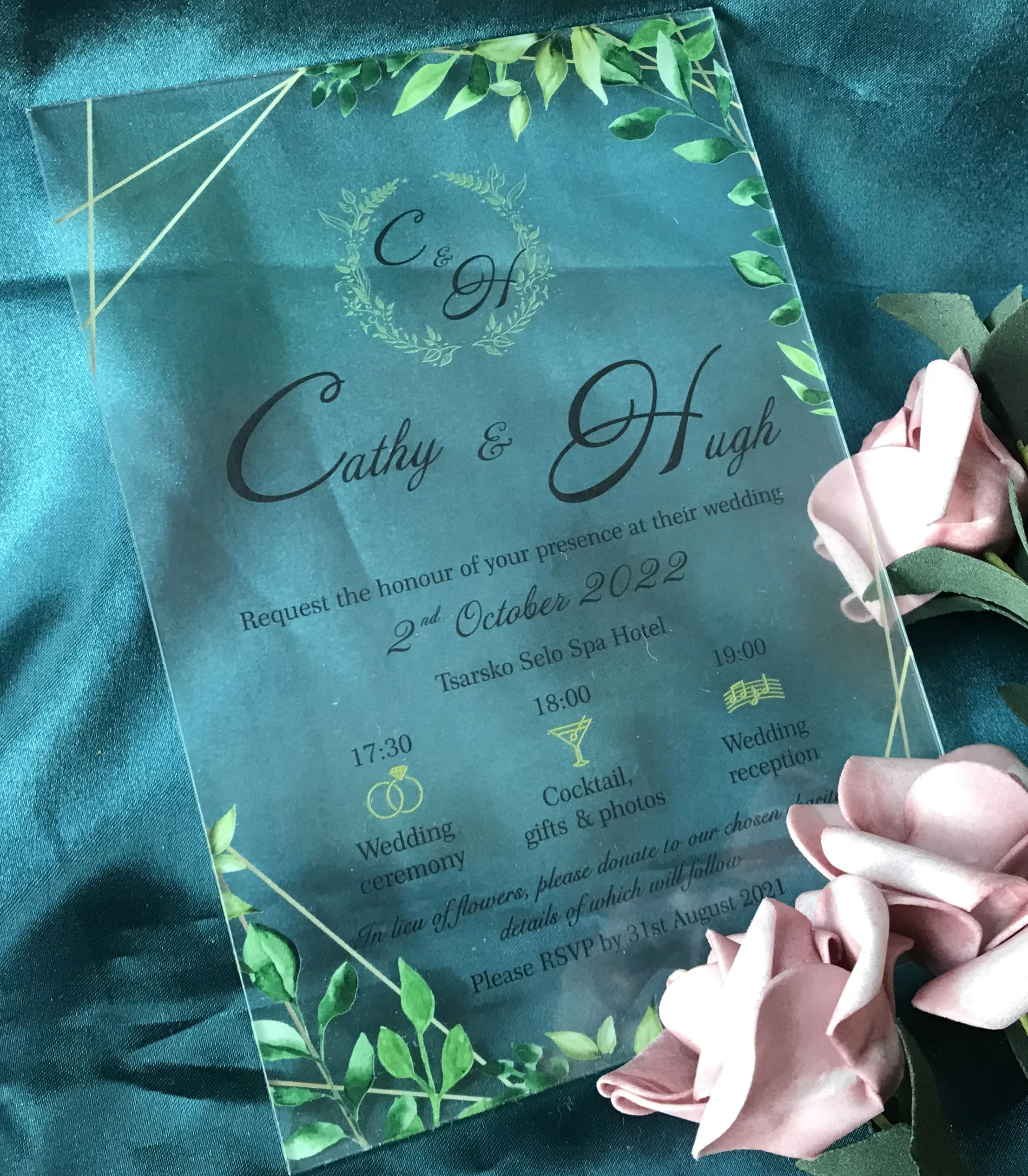 Transparent Acrylic Wedding Invitation,Green Leaves, 35Pcs