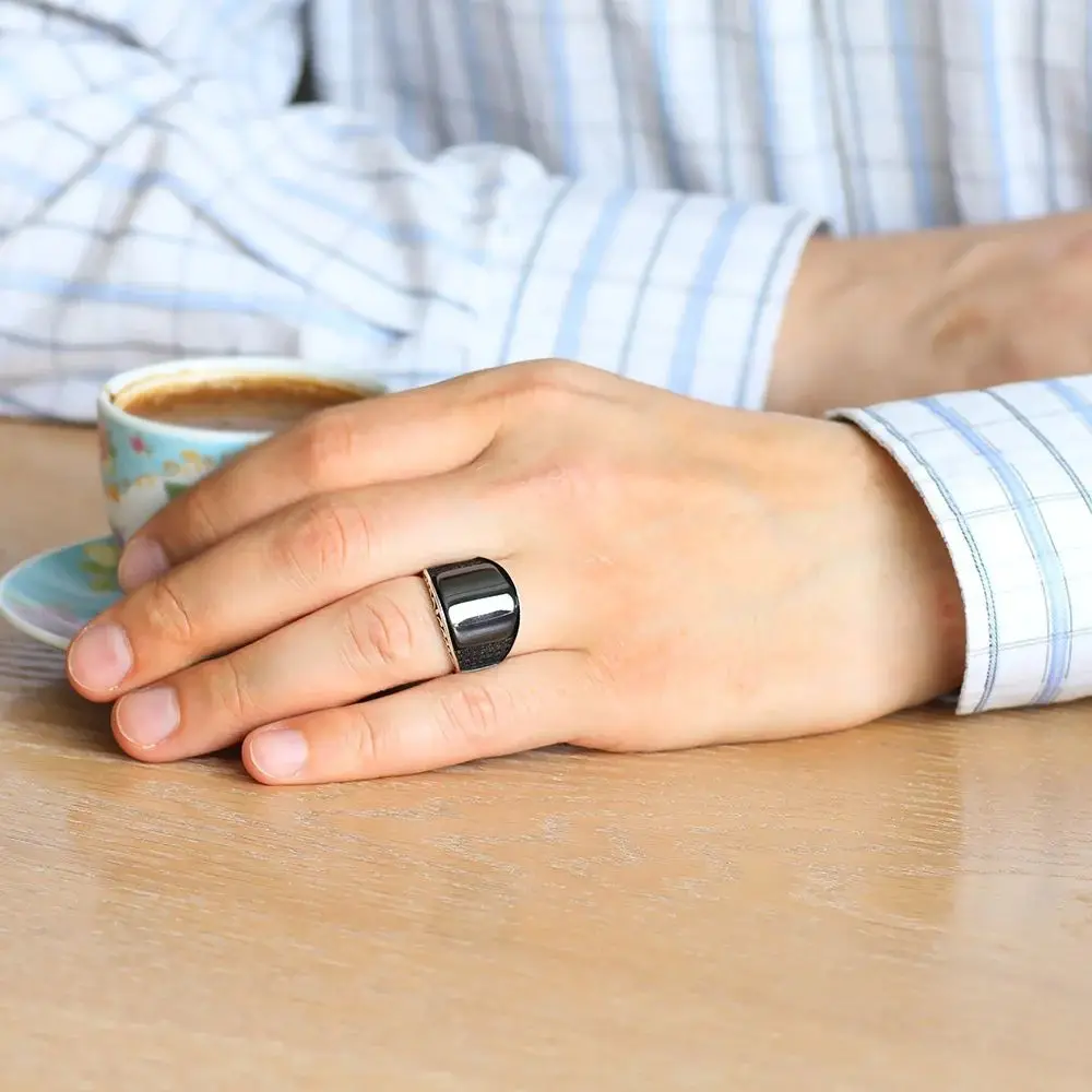 MEN 'S 925 Sterling Silver Ring, Zircon Stone Inlaid Black Cambered Onyx Stone, Handmade, men's Gift Jewelry, Accessory Made in Turkey