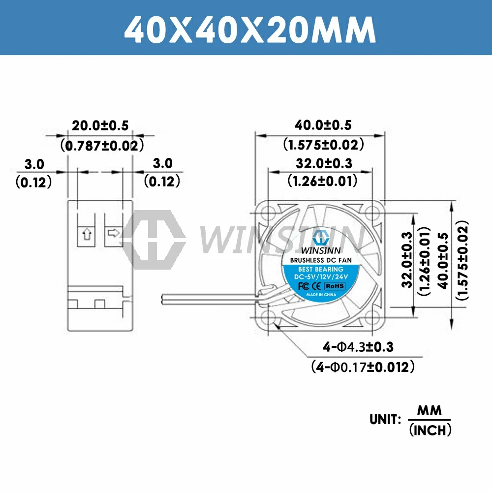 WINSINN 4020 40mm ventilator DC 5V 12V 24V hydraulisch / dubbel kogellager borstelloze koeling 40x20mm 2PIN