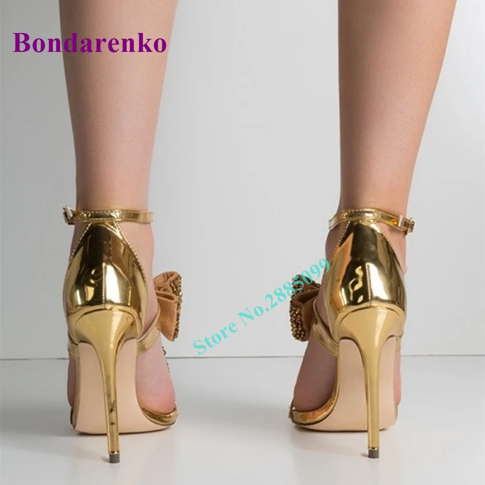 Gold Rhinestone Bow Sandals Metallic Ankle Strap Evening Shoes Solid Open Toe Thin High Heel Sandals Women Shoe Summer Party New