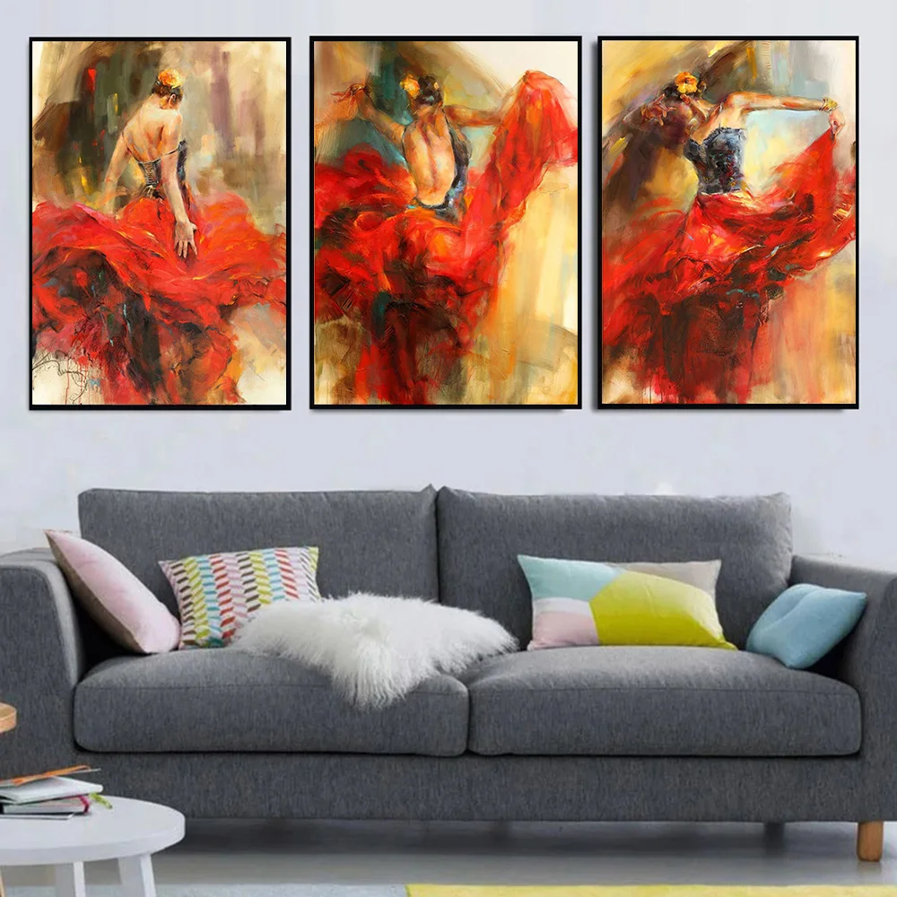 

Vintage Red Skirt Girl Art Posters and Prints Spanish Flamenco Beauty Dancer Art Oil Canvas Painting Wall Art Picture Home Decor