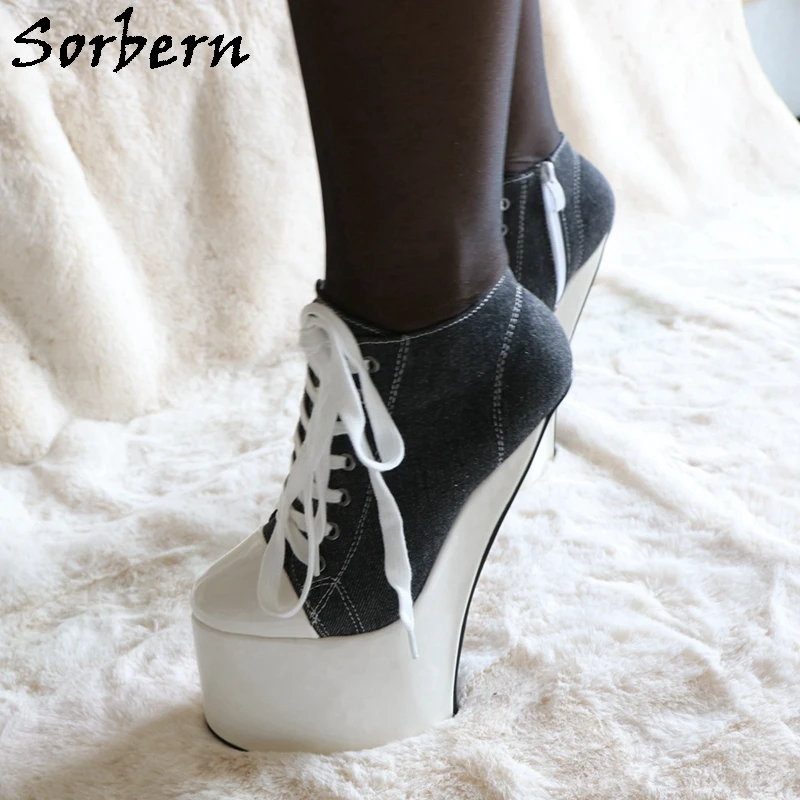 Sorbern Black Xdresser Canvas Pump Shoe Heelless Thick Platform Shoe Ankle High Fetish High Heel Black And White Drag Queen Shoe