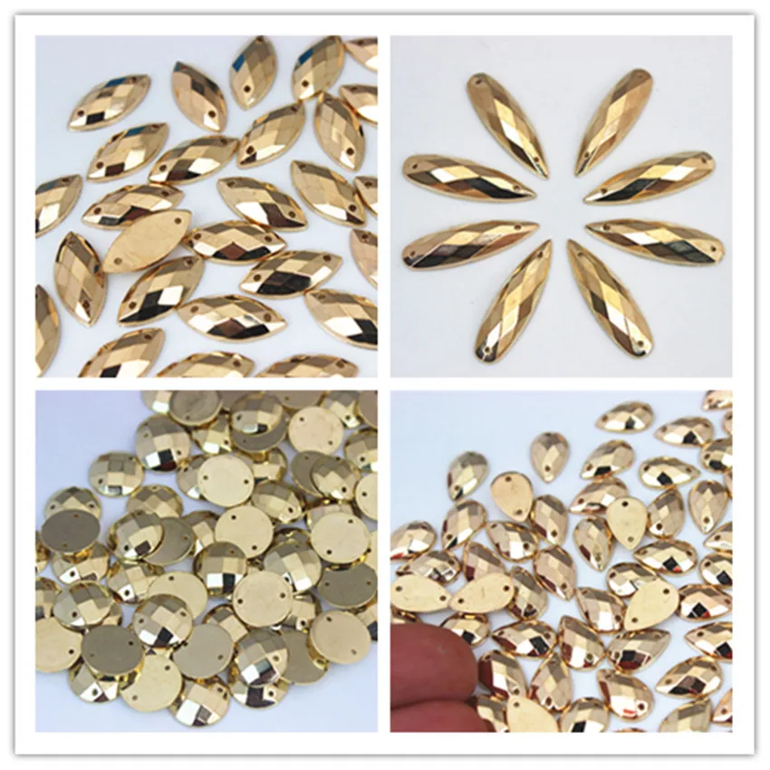 Micui 100PCS Mix Shape Size Golden Acrylic Rhinestones Flat Back Crystals Stones Sewing Crystals Strass For Clothes Crafts MC225