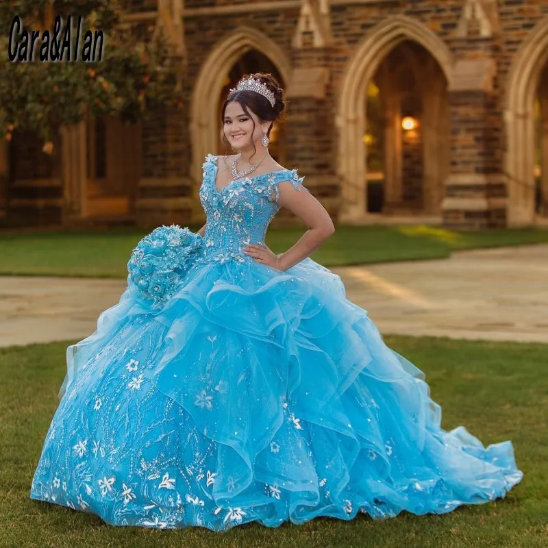 Cara & Alan Light Blue V คอ Quinceanera เดรสลูกไม้ Applique Ruffles หวาน15ประกวดชุด Vestidos De XV ปี