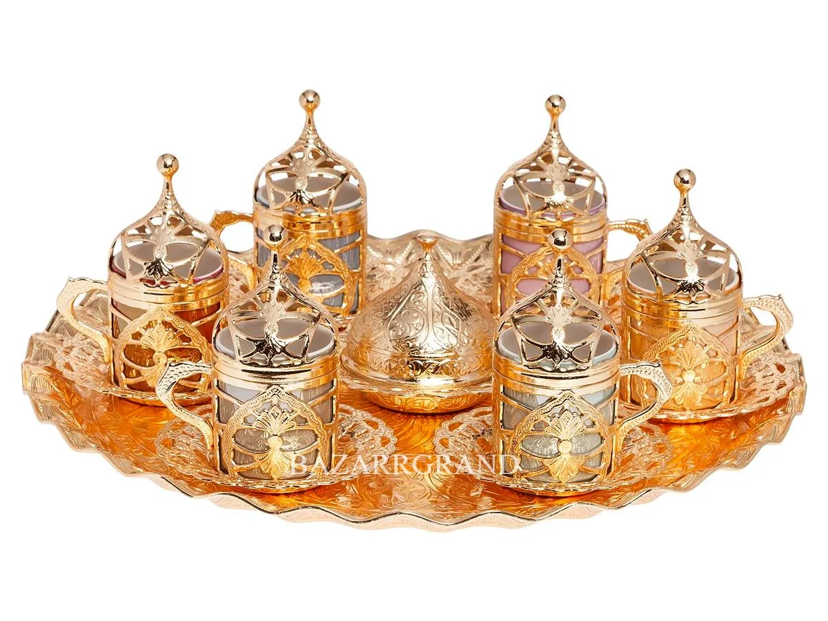 WHITE-YELLOW-MINI-ANTIQUE COPPER-ANTIQUE YELLOW HÜRREM PATTERNED CHIC PRESSED SIX-PERSON TEA-COFFEE DRINK SET