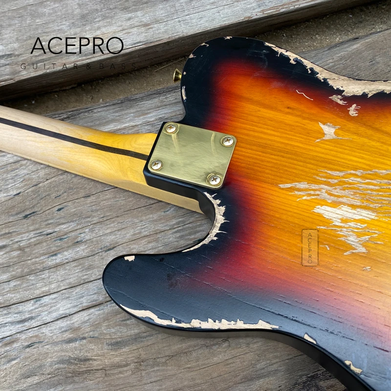 Acepro Ash Body Relic Electric Guitar, Vintage Sunburst Color, Maple Neck, Abalone Inlays, Gold Hardware, Handmade Aged Guitarra